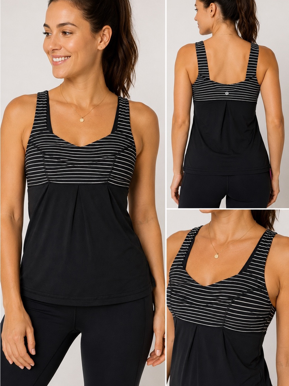 Lululemon Black & White Striped Built-In Bra Tank Size 10 Side Tie Mesh